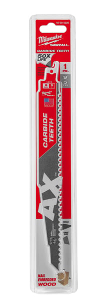 48-00-5226Milwaukee® SAWZALL® AX™ 48-00-5226 Tapered Back Reciprocating Saw Blade, 9 in L, 5 TPI, Carbide Body, Universal/Toothed Edge Tang