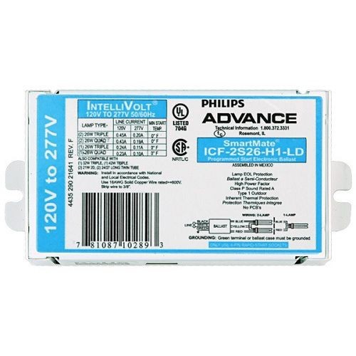 Advance SmartMate ICF2S26H1LDK Electronic High Frequency Compact Fluorescent Ballast, CFL Lamp, 26 W Lamp, 120 to 277 VAC, Programmed, 1 Ballast Factor
