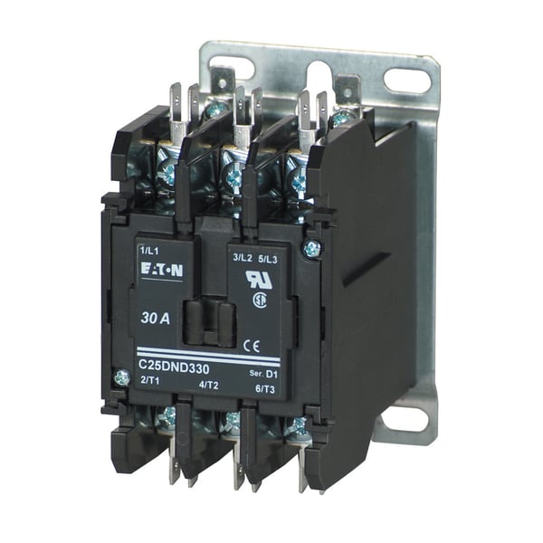 Data-Spec SheetEATON C25DND330T D-Frame Non-Reversing Definite Purpose Control Contactor With Metal Mounting Plate, 24 VAC at 50/60 Hz V Coil, 30 A, 3 Poles