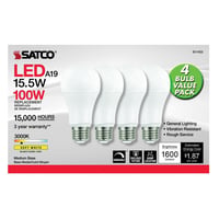 S11423SATCO® S11423 Type A TRIAC Dimmable LED Lamp, 15.5 W, 100 W Incandescent Equivalent, E26 Medium LED Lamp, A19 Shape, 1600 Lumens