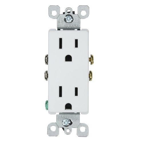 Leviton® Decora® 5325-W Duplex Grounding Straight Blade Receptacle, 125 VAC, 15 A, 2 Poles, 3 Wires, White