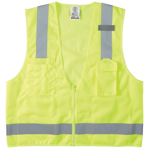 60269Klein® 60268 Safety Vest, XL, Hi-Viz Yellow, Polyester, Front Zipper Closure, 8 Pockets, ANSI Class: Type R Class 2, ANSI/ISEA 107-2015