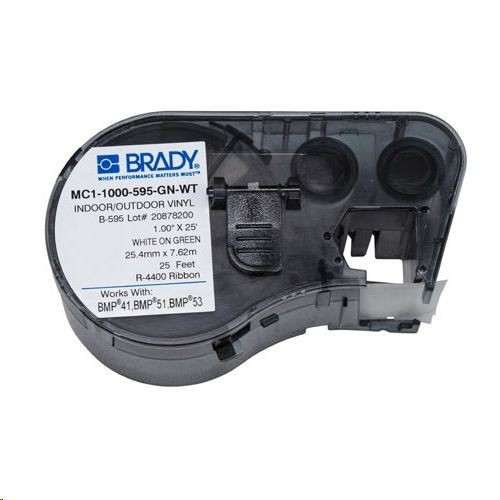 MC1-1000-595-GN-WTBrady® MC1-1000-595-GN-WT M Series Cartridge Label, 25 ft L x 1 in W, For Use With BMP® 41 Label Printers, BMP® 51 and BMP® 53 Label Maker, B-595 Vinyl, White on Green