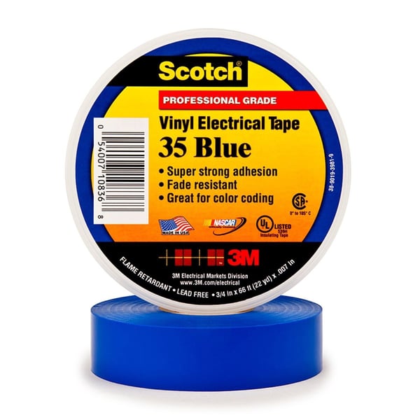 3M™, Scotch 35, Electrical Color Coding Tape, Vinyl, Blue, 1/2 Inch x 20 ft, 7 mil