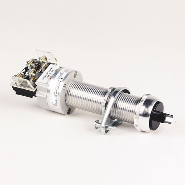 Allen-Bradley 800HL-HP48KL8DXXX Hazardous Location Type, 800H 2 Position Selector Switch, (Cylinder Lock), Type 7&9, Long Barrel, Spring Return from Right, KeyRemoval - Left, Cam for spring return operators, Standard, 1 N.O.