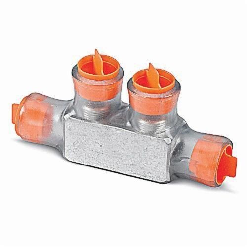 CSR-350Homac® CSR-350 CSB 1-Way 2-Outlet Encapsulated Multi-Tap Cable Splicer/Reducer, 6 AWG to 350 kcmil Stranded Aluminum Conductor, 5/16 in Hex Screw Installation, Aluminum