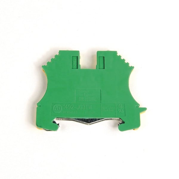 Allen-Bradley 1492-JG35 Terminal Block, Screw Connection, Feed Through Grounding, 16 x 60 x 63mm (0.56 x 2.36 x 2.48 in), 1 Pole, Green/Yellow, WIRE RANGE (Rated Cross Section) √ UR - #12α1 AWG, CSA - #12α2 AWG, IEC - 35mmª, ATEX 14α2 AWG