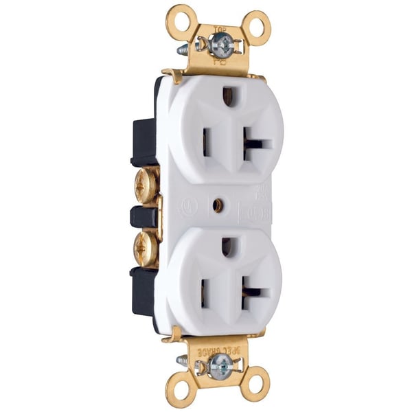 PS5362WPass & Seymour® PS5362W Duplex Heavy Duty Straight Blade Receptacle, 125 VAC, 20 A, 2 Poles, 3 Wires, White