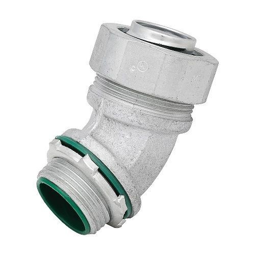 Madison Electric MSTR-12545-A Insulated Throat Liquid Tight Connector With Aluminum Grounding Lug, 1-1/4 in Trade, 45 deg, Malleable Iron, Zinc Plated