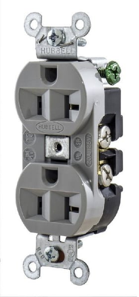 5362GHubbell, Straight Blade Receptacle, Duplex, 2 Pole, 3 Wire, 20 Ampere, 125 Volts, Gray