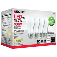 S11423SATCO® S11423 Type A TRIAC Dimmable LED Lamp, 15.5 W, 100 W Incandescent Equivalent, E26 Medium LED Lamp, A19 Shape, 1600 Lumens