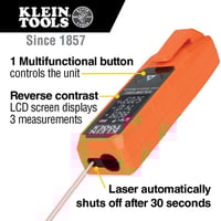 93LDM100CKlein® 93LDM100C Laser Distance Measures, 2 in to 100 ft Measuring, +/- 1/16 in up to 30 ft, +/- 1/8 in up to 100 ft Accuracy, 3 x AAA Battery, PC/ABS Housing