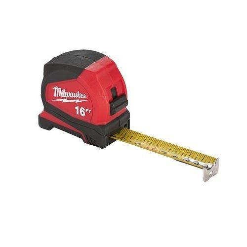 Milwaukee® 48-22-6616 Compact Measuring Tape With Belt Clip, 16 ft L x 25 mm W Blade, Steel Blade, 1/16 in, 1/8 in, 1/4 in, 1/2 in Graduation