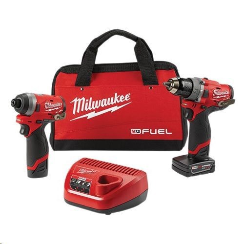 Milwaukee® 2598-22 M12 FUEL™ Cordless Combination Kit, Tools: Hammer Drill, Impact Driver, 12 V, 2, 4 Ah Lithium-Ion