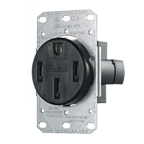 Wiring Device-Kellems tradeSELECT® RR450F Flush Mount Standard Range and Dryer Power Receptacle With Ground Wire, 125/250 VAC, 50 A, 3 Poles, 4 Wires, Black