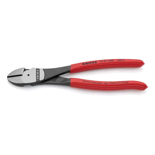 74 01 200 SBAKnipex® 74 01 200 SBA High Leverage Cutting Plier, 3/32 in Dia Piano, 1/8 in Dia Hard, 5/32 in Dia Medium Hard Nominal, 15/16 in L x 1-1/8 in W Vanadium Steel, 8 in OAL, Bevel/Diagonal Cut