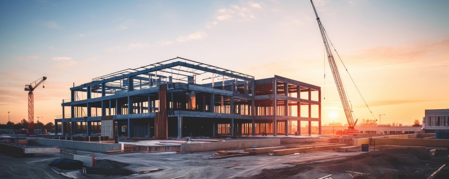 commercial building during construction with a sunset in the background
