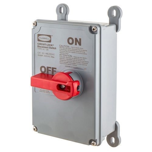 HBLDS3ACWiring Device-Kellems Circuit-Lock® HBLDS3AC Non-Fusible Enclosed Disconnect Switch With Auxiliary Contacts, 600 VAC, 30 A, 15 hp, 2-Position Contact, 3 Poles