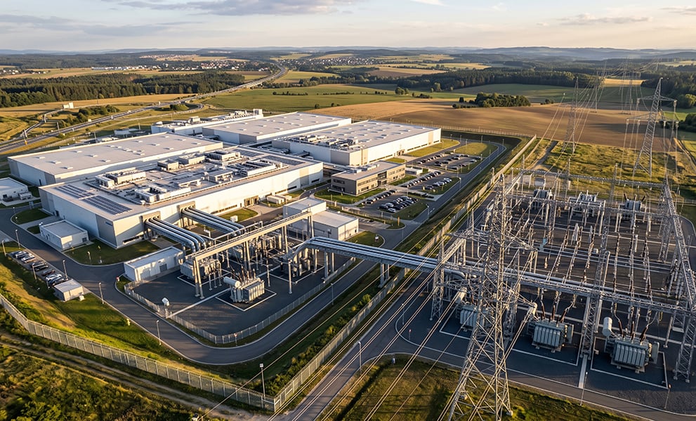 Golden Hour Aerial of a Large White Data Center Campus Facing a Big High Voltage Switchyard With Lattice Transmission Towers and Converging Power Lines by a Winding River Industry