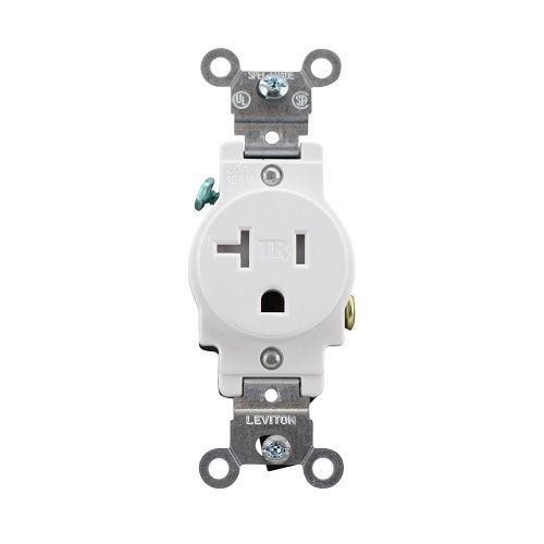 Leviton® T5020-W Duplex Self-Grounding Single Tamper Resistant Straight Blade Receptacle, 125 VAC, 20 A, 2 Poles, 3 Wires, White