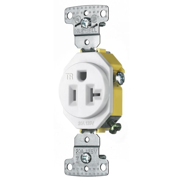 RR201WTRWiring Device-Kellems tradeSELECT® RR201WTR 1-Phase Single Self-Grounding Standard Tamper Resistant Screw Mount Straight Blade Receptacle, 125 VAC, 20 A, 2 Poles, 3 Wires, White