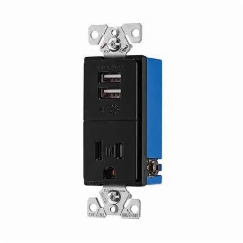 TR7740BK-BOXEATON Eaton Wiring Devices TR7740BK-BOX Combination Grounding USB Charger With Tamper-Resistant Single/Duplex Decorator Receptacle, 15 A at 125 VAC, 2 Poles, 3 Wires, Black