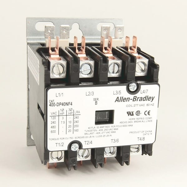 400-DP40NF4Allen-Bradley 400-DP40NF4 400 Definite Purpose Contactor, 40A, 277V 50/60Hz, 4 Poles, Open