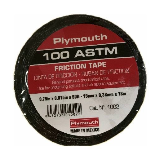 Plymouth 1002 100 ASTM Friction Tape, 60 ft L x 3/4 in W, 0.015 in THK, Rubber Adhesive, Cotton Fabric Backing, Black