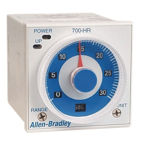 700-HRV52TU24Allen-Bradley, 700-HR General Purpose Dial Timing Relay, Multi-Function, 2 Timed Contacts w/ Voltage Inputs, Multi-Mode (6 Functions), 0.05 seconds to 300 hours, DPDT Timed, 24...48V AC 50/60Hz / 12...48V DC