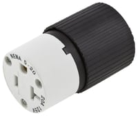 Hubbell, Straight Blade Connector, 2 Pole, 3 Wire, 20 Ampere, 125 Volts, Black/White, NEMA 5-20R
