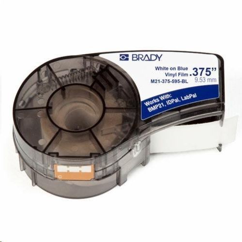 M21-375-595-BLBrady® M21-375-595-BL Label Cartridge, 21 ft L x 3/8 in W, For Use With BMP®21, BMP®21-Plus, ID PAL, LABPAL™ and BMP®21-Lab Printers, Vinyl, White/Blue