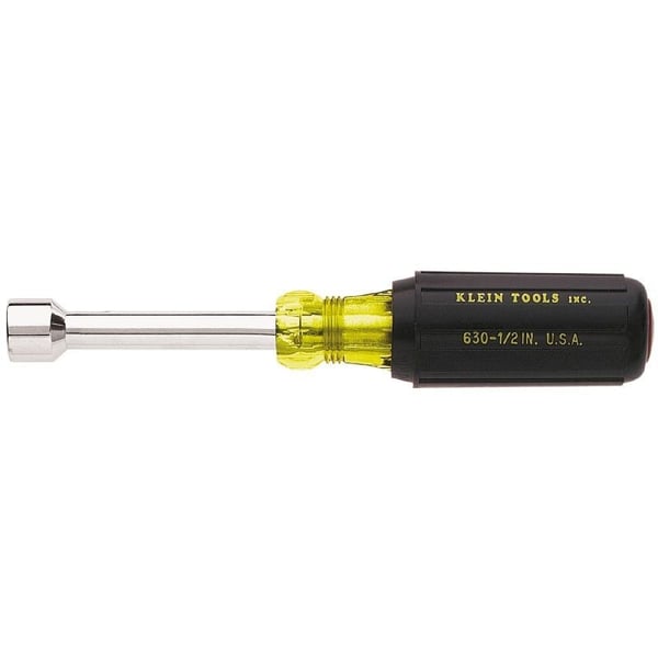 Klein® Cushion-Grip® 630-9/16 Nutdriver, 9/16 in, Hollow/Round Shank, Black/Yellow Cushion Grip Handle, ANSI/ASME Specified, Polished Chrome