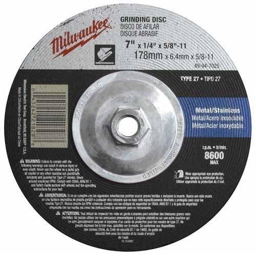 Milwaukee® 49-94-7025 Type 27 Reinforced Grinding Disc, 7 in Dia x 1/4 in THK, 5/8-11 Center Hole, 24 Grit, Aluminum Oxide Abrasive