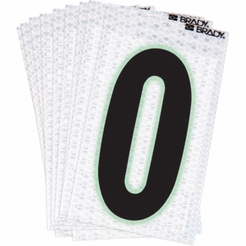 3000-0Brady® 3000-0 High-Intensity Prismatic Ultra Reflective Number Label, Black/Green Glow 0 Character, 2 in H, Silver Background, B-309 Vinyl