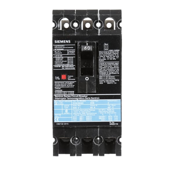 Siemens Sentron™ ED63B060 Type ED6 Low Voltage Molded Case Circuit Breaker, 600 VAC/250 VDC, 60 A, 18 kA Interrupt, 3 Poles, Thermal/Magnetic Trip