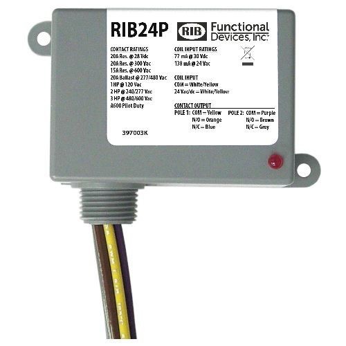Functional Devices™ RIB® RIB24P Power Control Enclosed Relay With Coil, 20 A, 24 VAC/VDC Coil