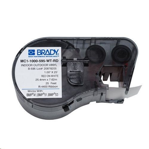 MC1-1000-595-WT-RDBrady® MC1-1000-595-WT-RD M Series Cartridge Label, 25 ft L x 1 in W, For Use With BMP® 41 Label Printers, BMP® 51 and BMP® 53 Label Maker, B-595 Vinyl, Red on White