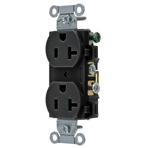 Wiring Device-Kellems CR20BLK Duplex Self-Grounding Standard Traditional Straight Blade Receptacle, 125 VAC, 20 A, 2 Poles, 3 Wires, Black