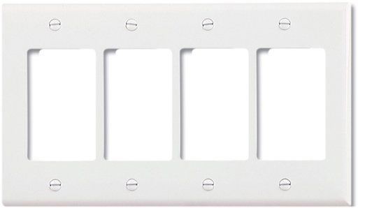 EATON Arrow Hart™ PJ264W-SP-L PJ Series Mid-Sized Decorator Wallplate, 4 Gangs, 4.87 in H x 8.56 in W, Polycarbonate/Thermoplastic, White