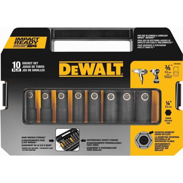 DeWALT® Impact Ready® DW22838 Impact Socket Set, Imperial, Impact Rated: Yes, 6 Point, 3/8 in Drive, 10 Pieces