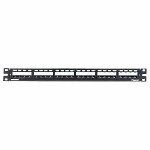 Panduit® Mini-Com® PanNet® CP24WSBLY 1RU All Metal Flat Shielded Modular Patch Panel With Black Built-In Strain Relief Bar, 24 Ports, Stainless Steel