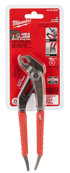 48-22-6208Milwaukee® 48-22-6208 Gen II 16-Position Quick-Adjust Hex Jaw Plier, 1-3/4 in Nominal, 1-1/4 in L x 1/4 in W Alloy Steel V-Shape Jaw, 8 in OAL