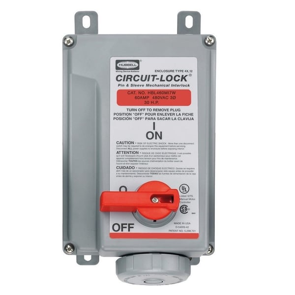 HBL460MI7WHUBBELL® Circuit-Lock® HBL460MI7W Unfused Watertight Pin and Sleeve Mechanical Interlock, 480 VAC, 60 A, 3 Poles