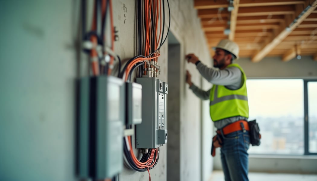 Construction workers install electrical wiring in commercial building. Men at work on site installing power lines. Commercial building project progresses. Workers wear safety equipment. 