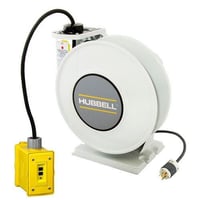 HUBBELL® HBLI45123GF20 Industrial Reel with Portable Outlet Box, 45 ft, GFCI Module, Duplex Receptacle, #12/3 SJO, 20 A, 250 V, White/Yellow