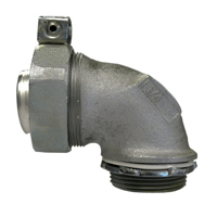4Q-9150LO-Z/Gedney Ground-Tite® 4Q-9150L Concretetight Liquid Tight Oiltight Positive Grounding Raintight Conduit Connector With Lug, 1-1/2 in Trade, 6 to 1/0 AWG Cable Openings, 90 deg, Malleable Iron, Zinc Electroplated