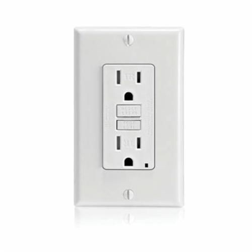 GFTR1-ELeviton® GFTR1-T Duplex Feed Through Self-Test Slim Standard Tamper Resistant GFCI Receptacle With Light Almond Test, Reset Button, 125 VAC, 20 A, 2 Poles, 3 Wires, Light Almond