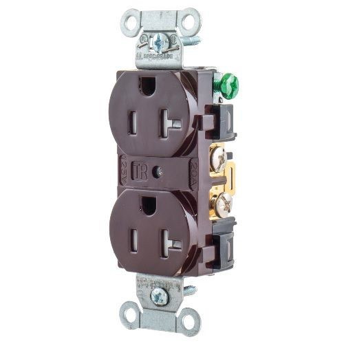 Wiring Device-Kellems BR20TR Duplex Self-Grounding Standard Tamper Resistant Traditional Straight Blade Receptacle, 125 VAC, 20 A, 2 Poles, 3 Wires, Brown