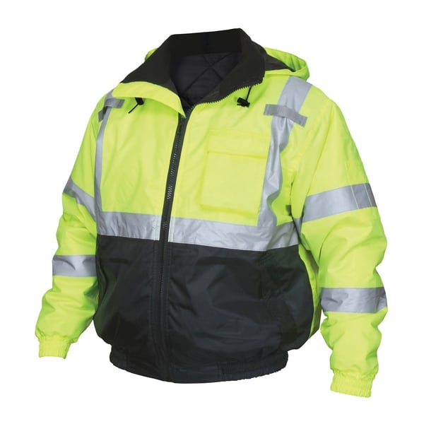 VBBQCL3LLMCR Safety VBBQCL3LXL Luminator™ Insulated Bomber Jacket With (2) Outer Front Pockets and (3) Inner Pockets, XL, Black/Hi-Viz Fluorescent Lime, Polyester/Polyurethane, Resists: Water, ANSI/ISEA Type R Class 3, Hideaway Drawstring Hood