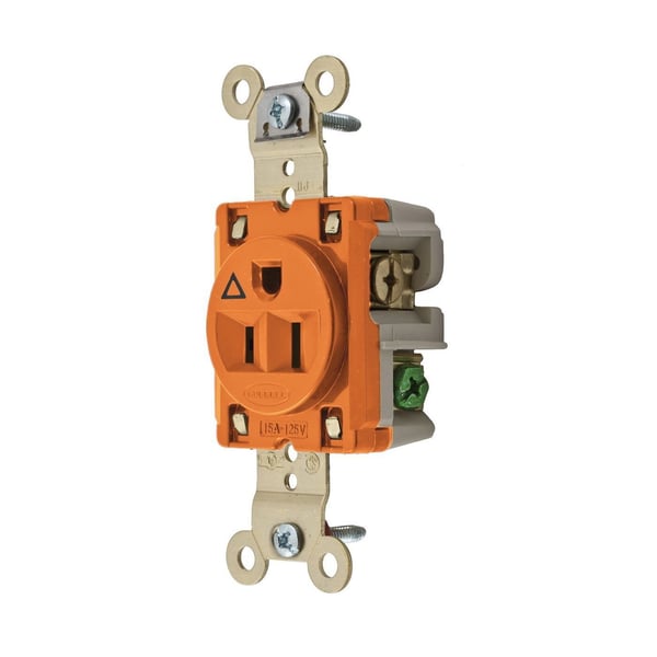 Wiring Device-Kellems SpikeShield® IG5261 Extra Heavy Duty Isolated Ground Single Standard Straight Blade Receptacle, 125 VAC, 15 A, 2 Poles, 3 Wires, Orange